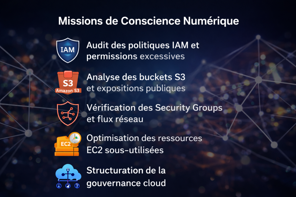 Infographie présentant les missions Conscience Numérique : audit IAM analyse S3, vérification des Sécurity Groups, optimisation EC2 et gouvernance cloud