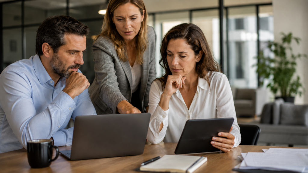 Trois professionnels examinent un ordinateur lors d’une réunion sur la sécurité numérique en entreprise.